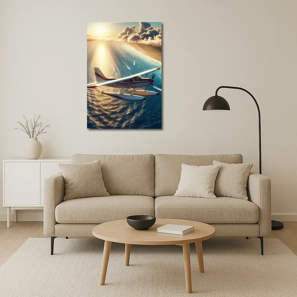 Seaplane Flying Over Sunny Ocean Waters – Wall Art