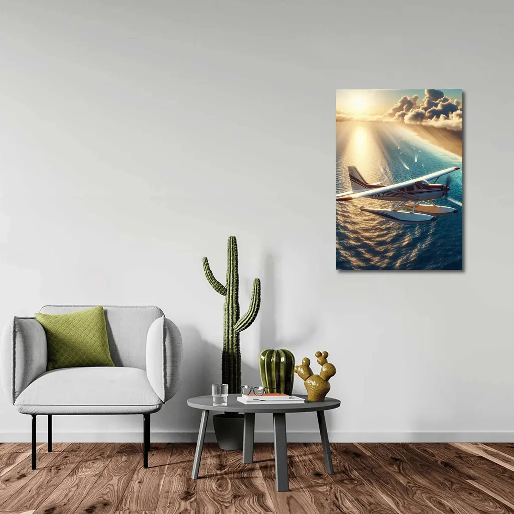 Seaplane Flying Over Sunny Ocean Waters – Wall Art