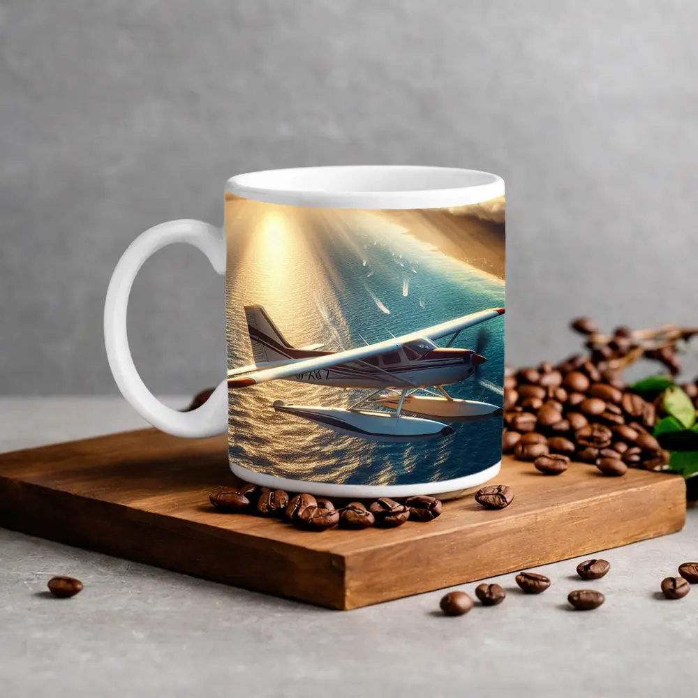 Seaplane Flying Over Sunny Ocean Waters – Mugs