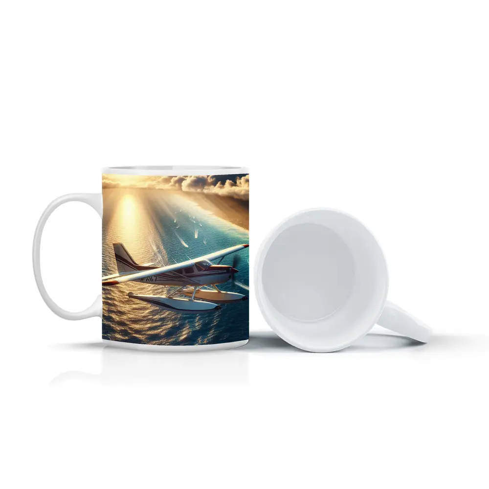 Seaplane Flying Over Sunny Ocean Waters – Mugs