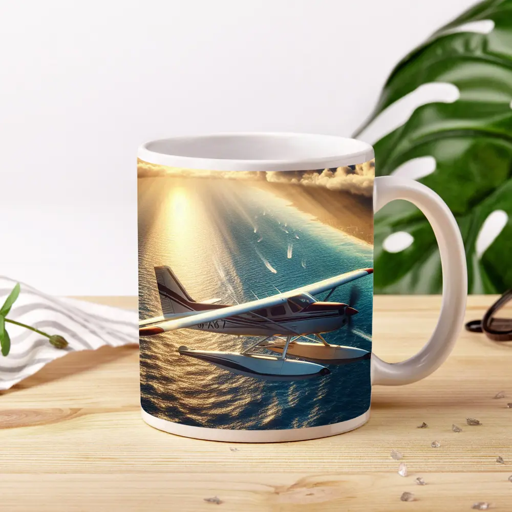 Seaplane Flying Over Sunny Ocean Waters – Mugs