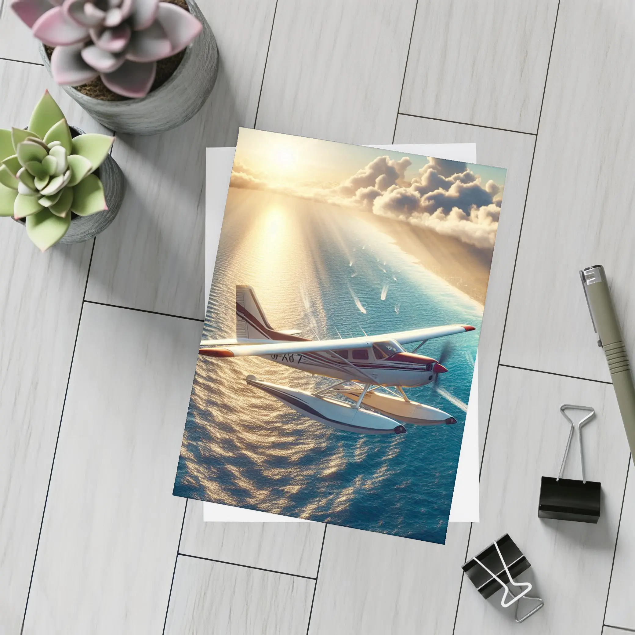 Seaplane Flying Over Sunny Ocean Waters – Postcards
