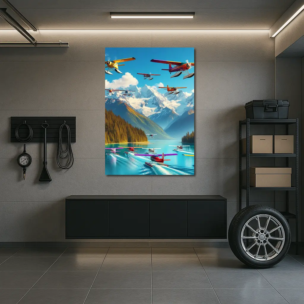 Colorful Seaplanes Flying Over Mountain Lake – Wall Art