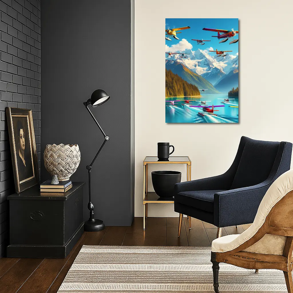 Colorful Seaplanes Flying Over Mountain Lake – Wall Art