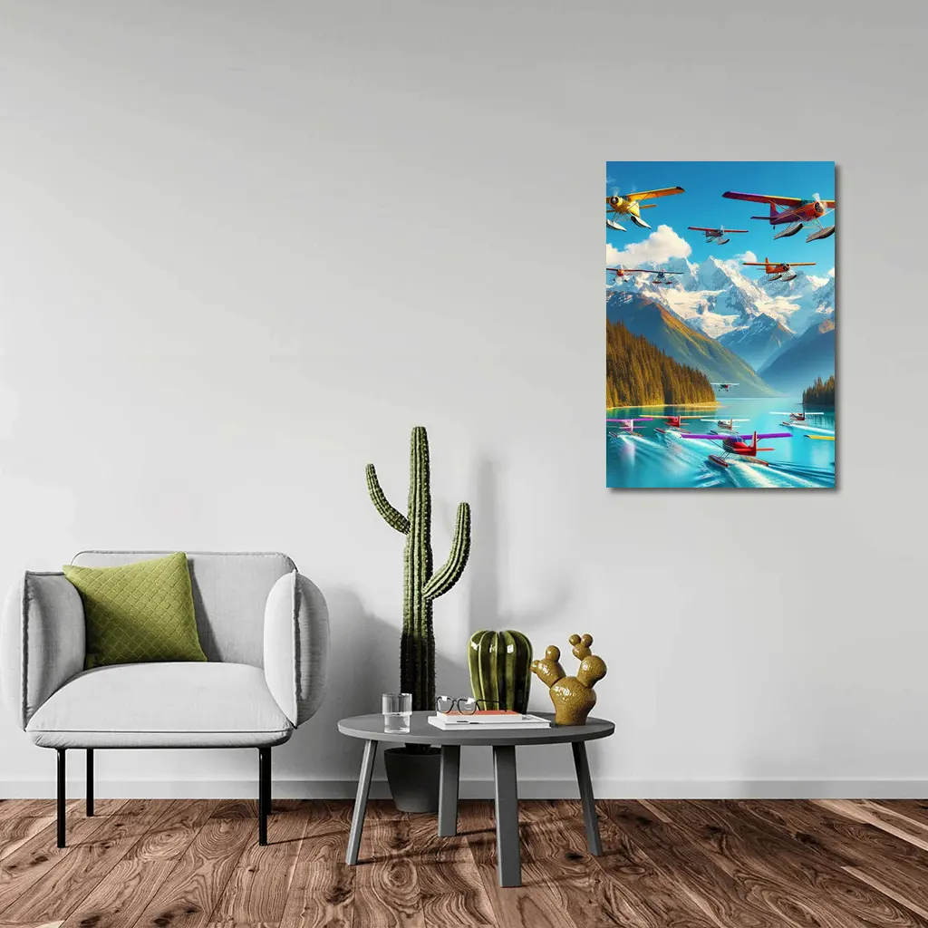 Colorful Seaplanes Flying Over Mountain Lake – Wall Art