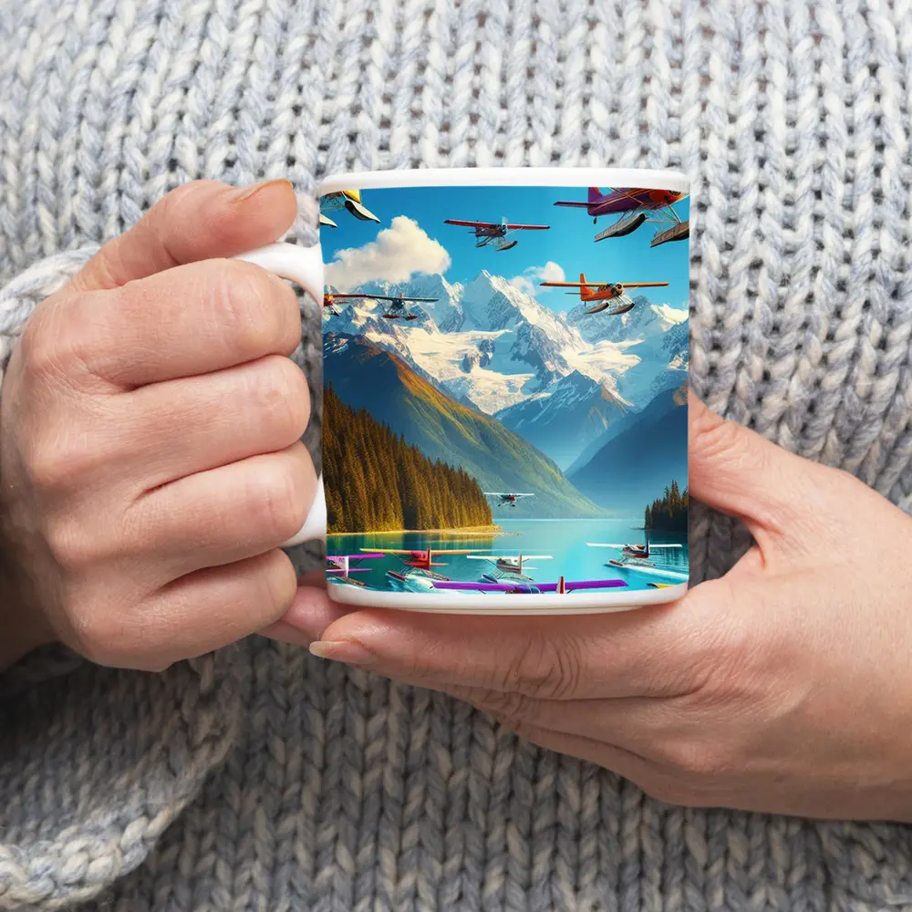 Colorful Seaplanes Flying Over Mountain Lake – Mugs