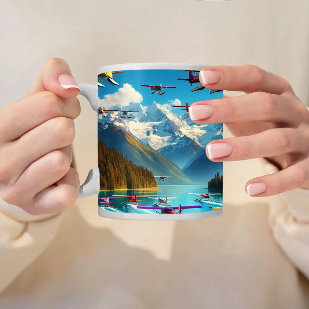Colorful Seaplanes Flying Over Mountain Lake – Mugs