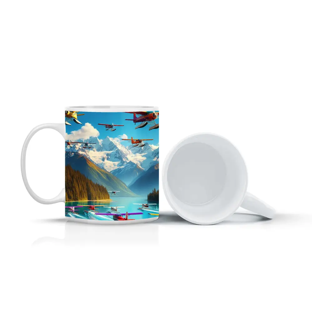 Colorful Seaplanes Flying Over Mountain Lake – Mugs
