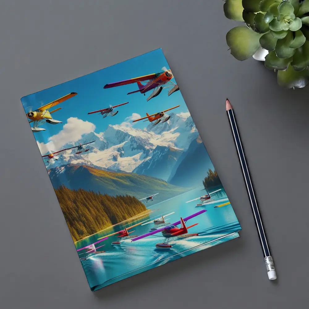 Colorful Seaplanes Flying Over Mountain Lake – Notebooks