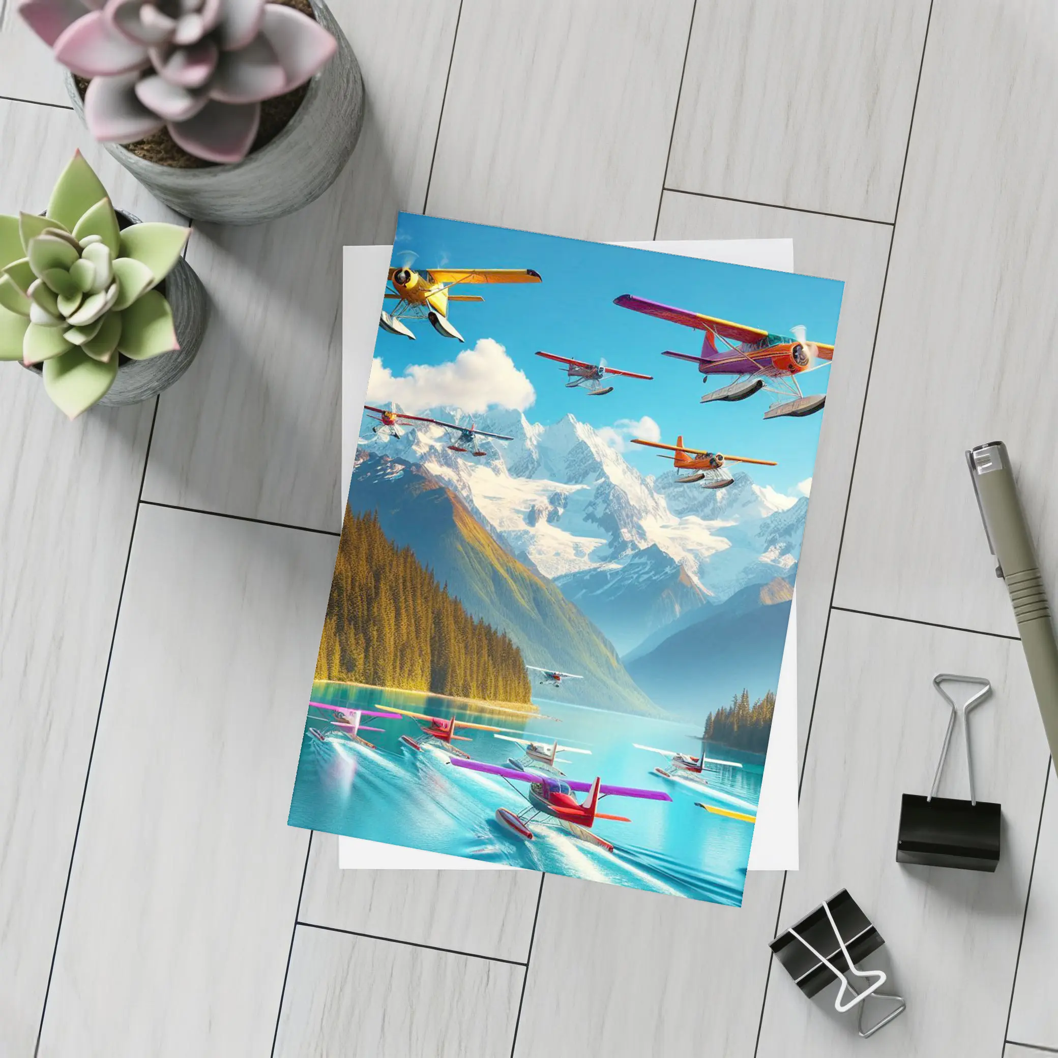 Colorful Seaplanes Flying Over Mountain Lake – Postcards