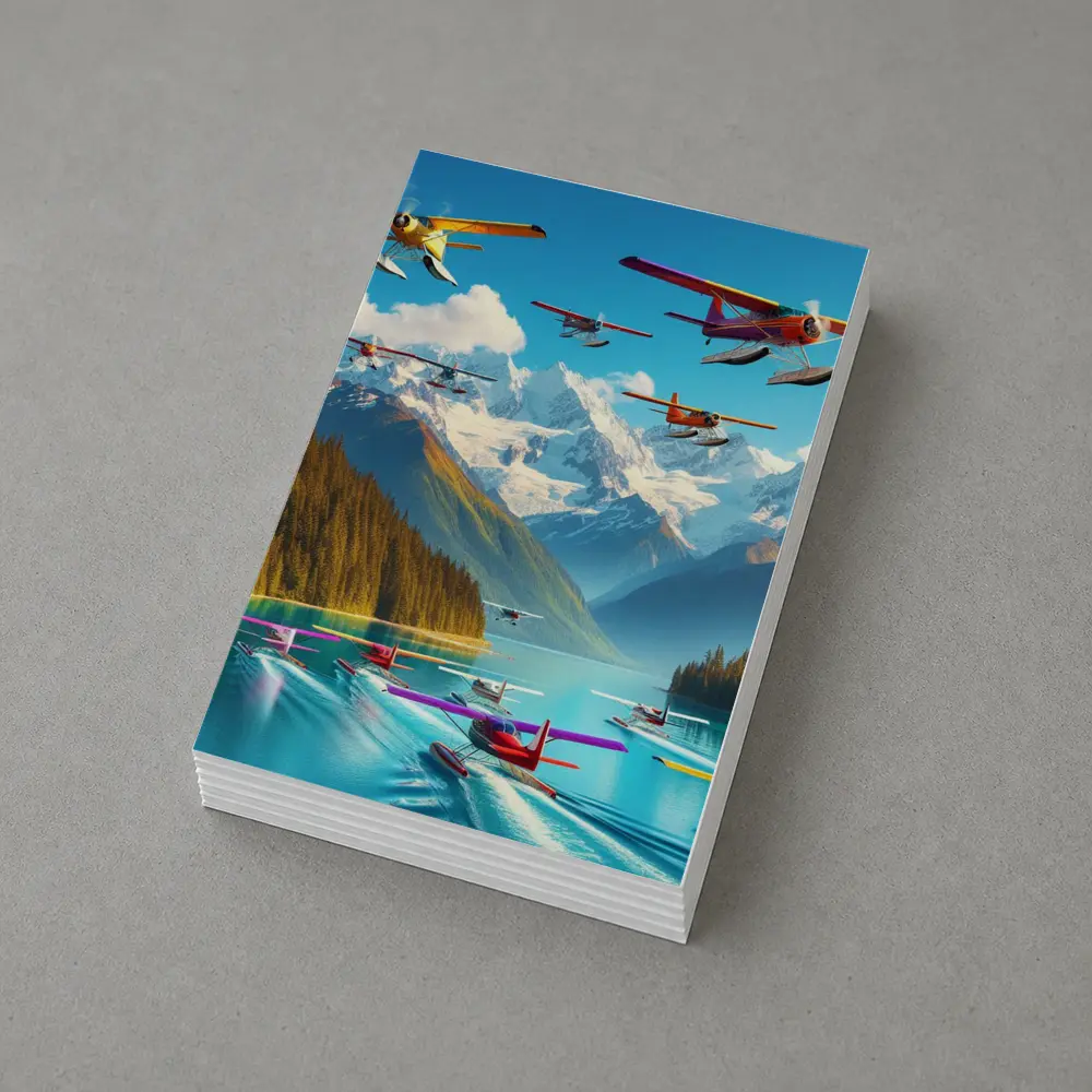 Colorful Seaplanes Flying Over Mountain Lake – Postcards