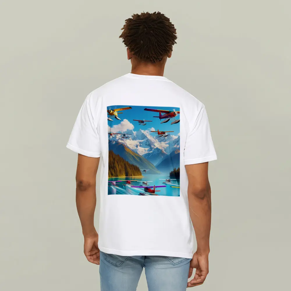 Colorful Seaplanes Flying Over Mountain Lake – T-Shirts