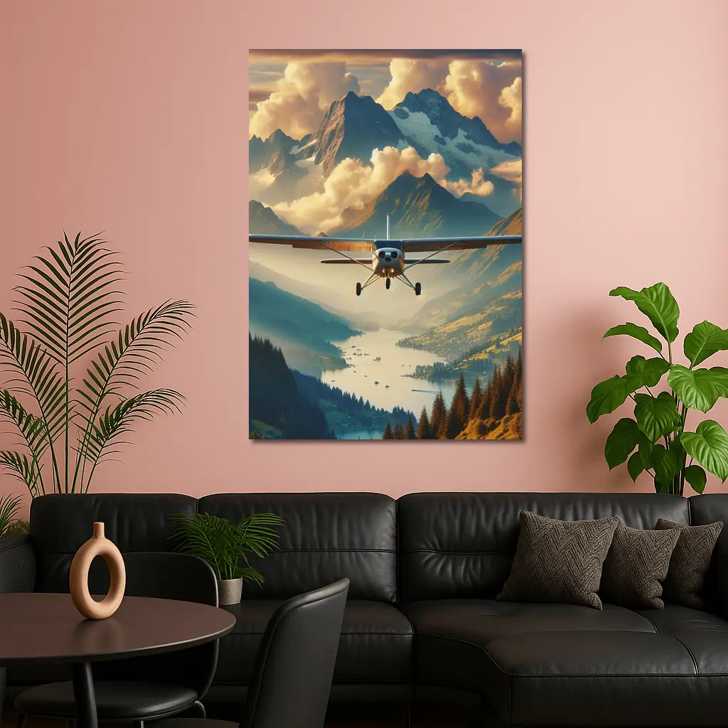 Small Plane Flying Over Alpine Mountain Lake – Wall Art