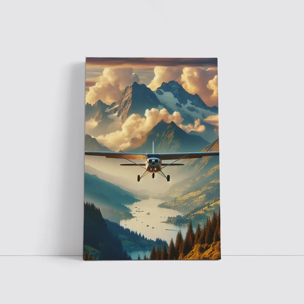 Small Plane Flying Over Alpine Mountain Lake – Wall Art
