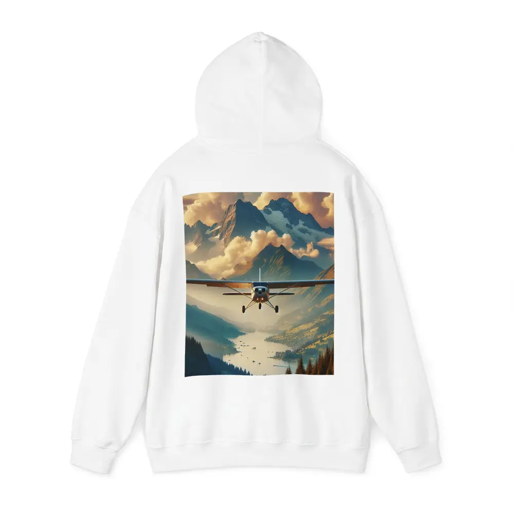 Small Plane Flying Over Alpine Mountain Lake – Hoodies