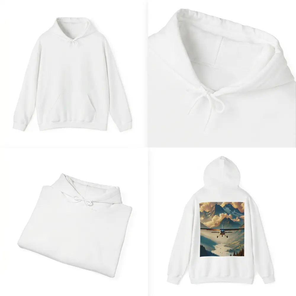 Small Plane Flying Over Alpine Mountain Lake – Hoodies