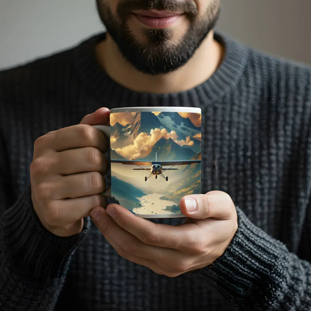 Small Plane Flying Over Alpine Mountain Lake – Mugs