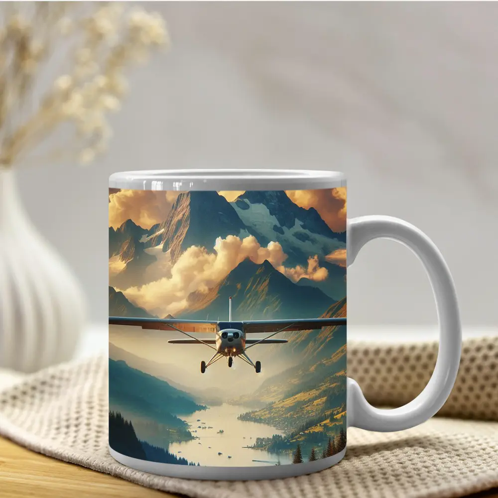 Small Plane Flying Over Alpine Mountain Lake – Mugs