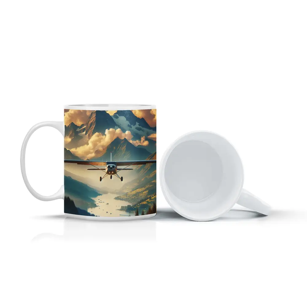 Small Plane Flying Over Alpine Mountain Lake – Mugs