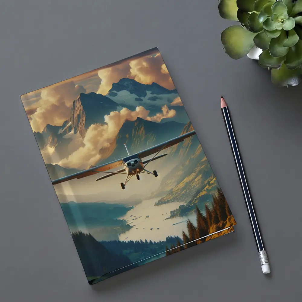 Small Plane Flying Over Alpine Mountain Lake – Notebooks