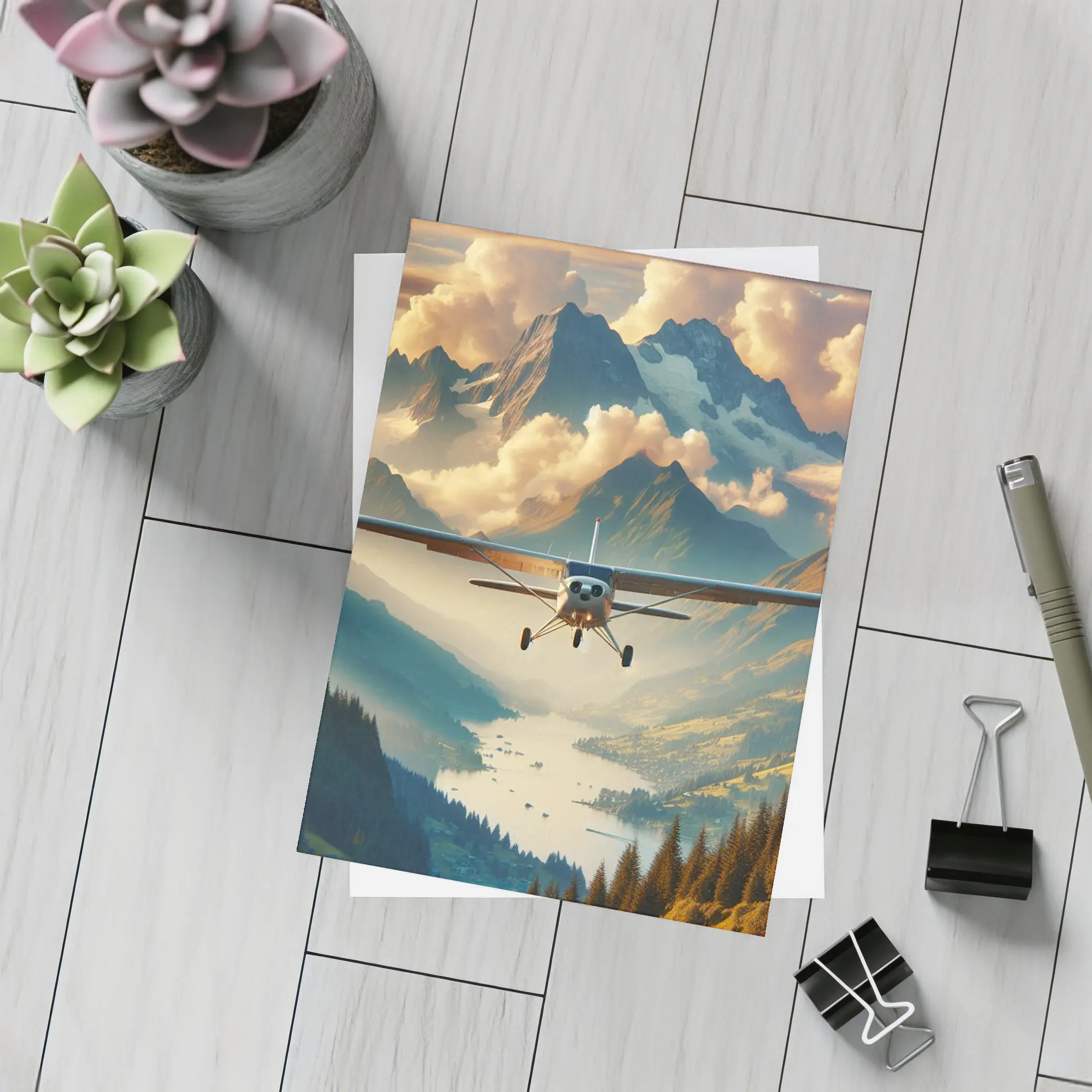 Small Plane Flying Over Alpine Mountain Lake – Postcards