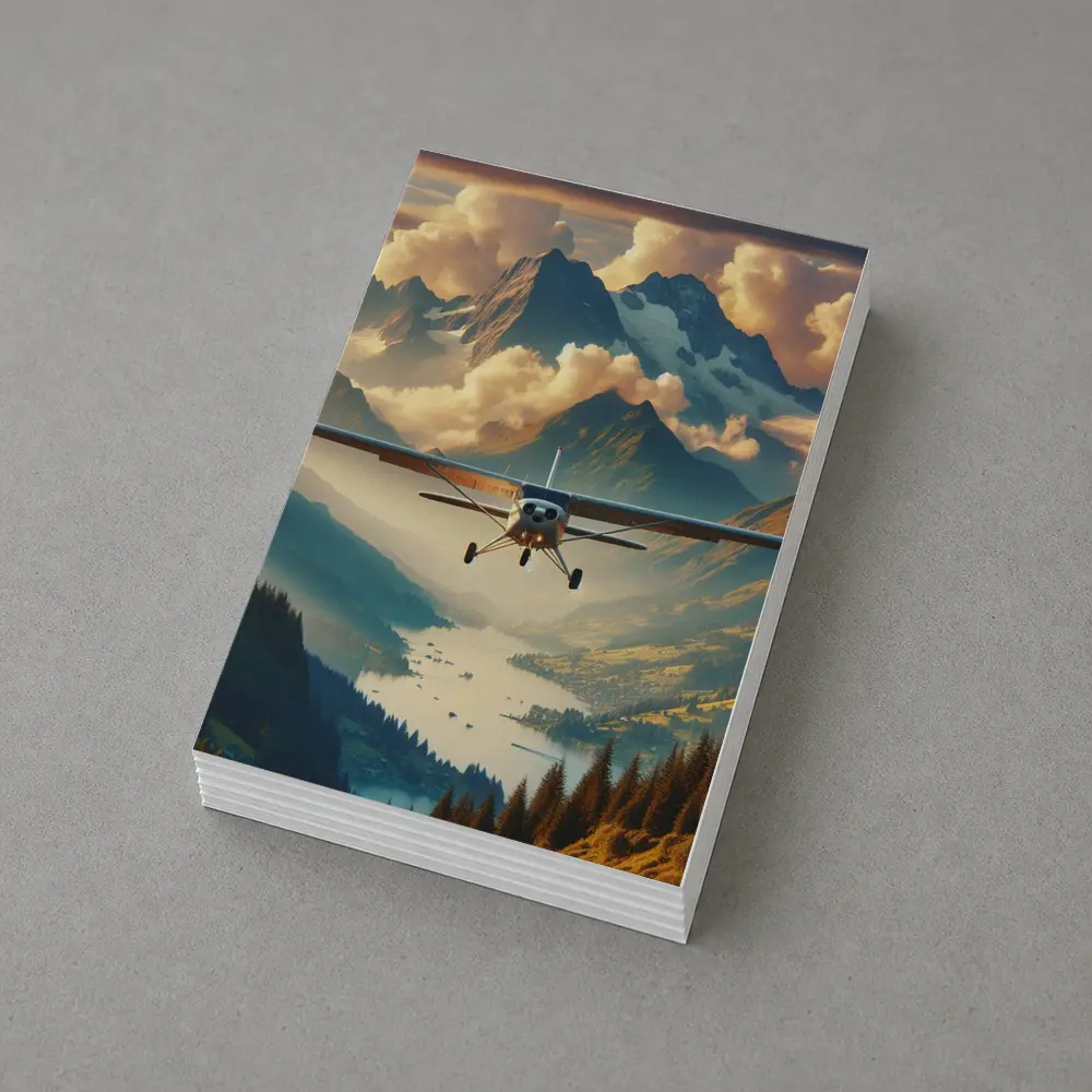 Small Plane Flying Over Alpine Mountain Lake – Postcards