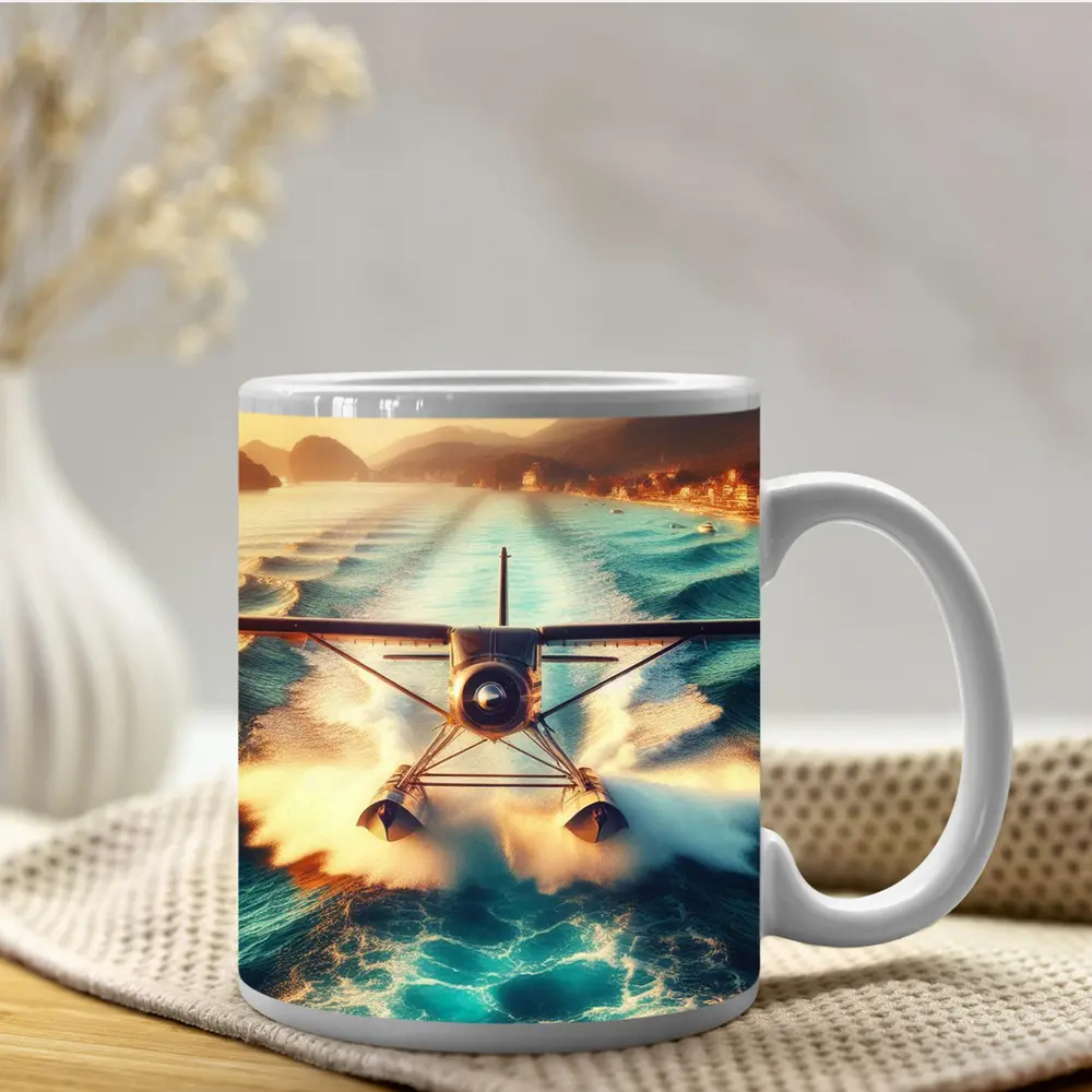 Seaplane Taking Off Over Turquoise Ocean – Mugs