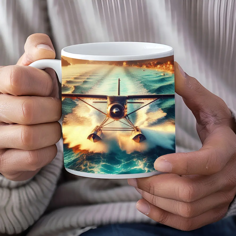 Seaplane Taking Off Over Turquoise Ocean – Mugs