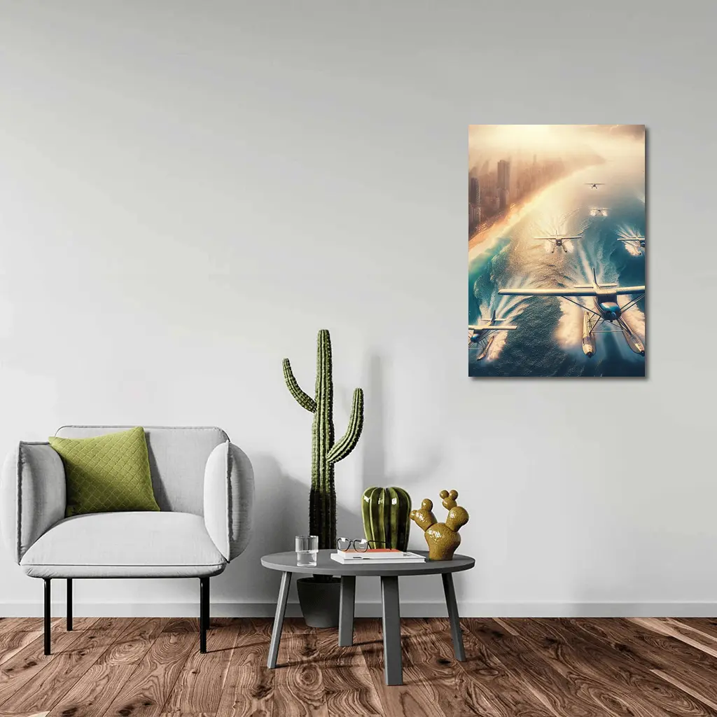 Seaplanes Flying Over Coastal City Beach – Wall Art