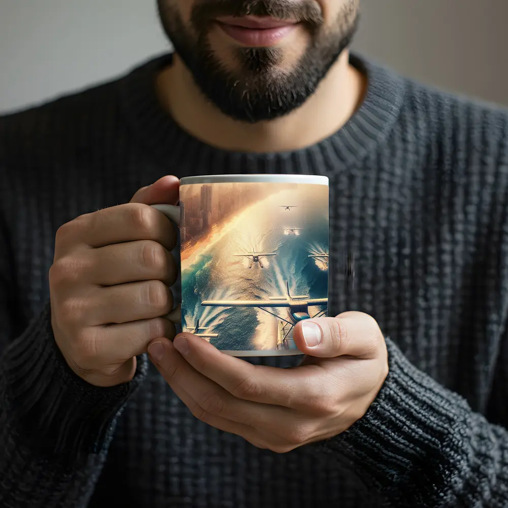 Seaplanes Flying Over Coastal City Beach – Mugs