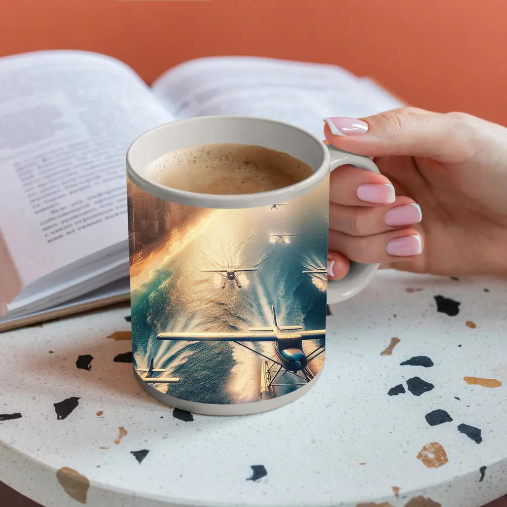 Seaplanes Flying Over Coastal City Beach – Mugs