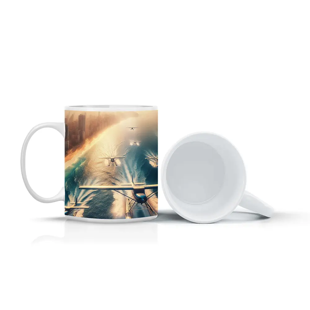 Seaplanes Flying Over Coastal City Beach – Mugs