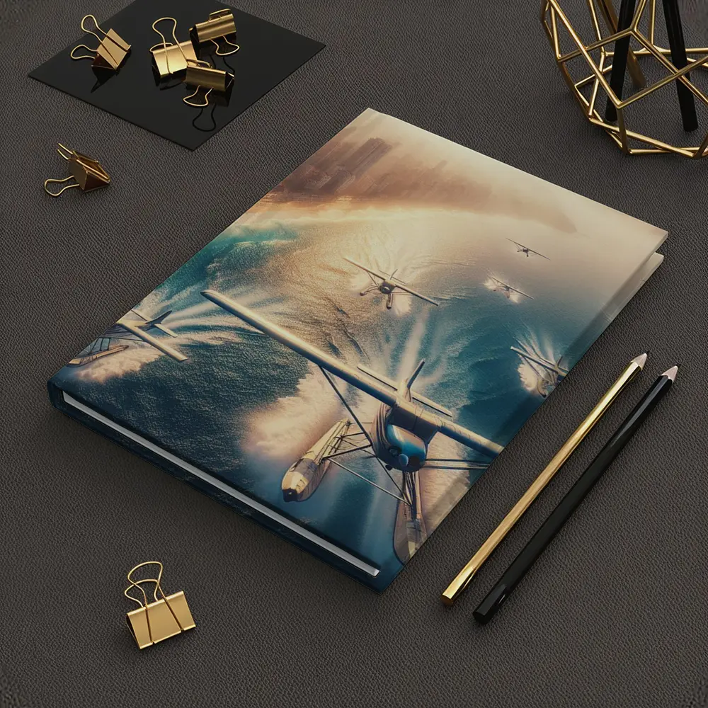 Seaplanes Flying Over Coastal City Beach – Notebooks