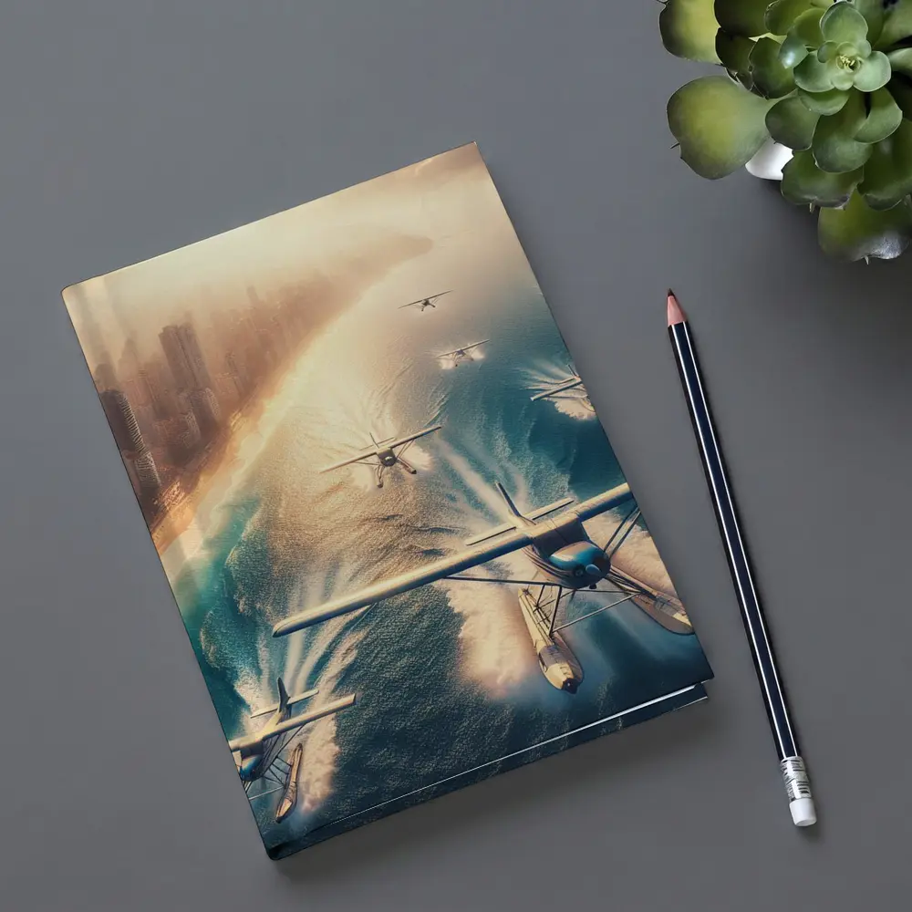 Seaplanes Flying Over Coastal City Beach – Notebooks