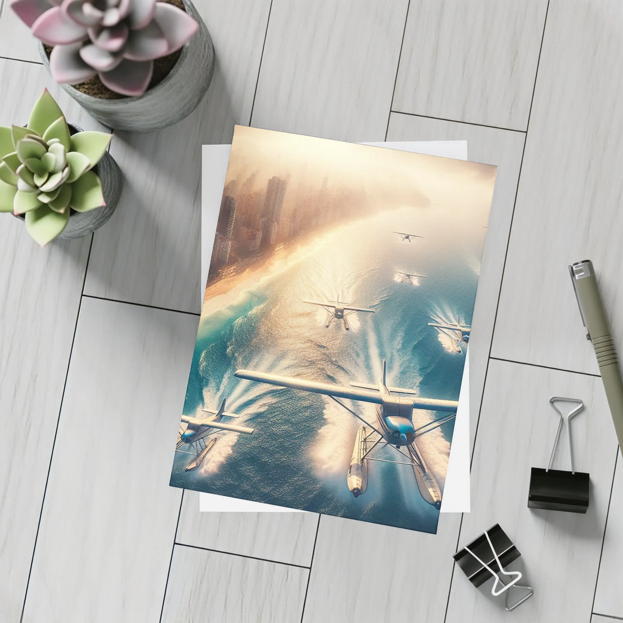 Seaplanes Flying Over Coastal City Beach – Postcards