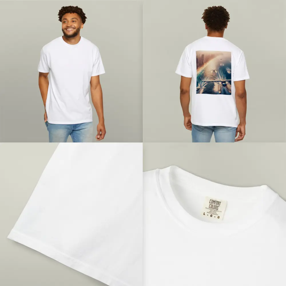 Seaplanes Flying Over Coastal City Beach – T-Shirts