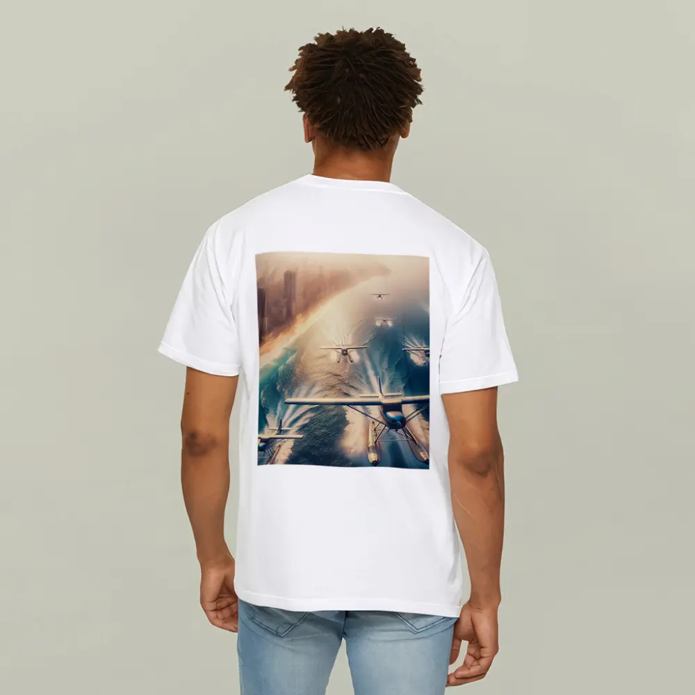 Seaplanes Flying Over Coastal City Beach – T-Shirts