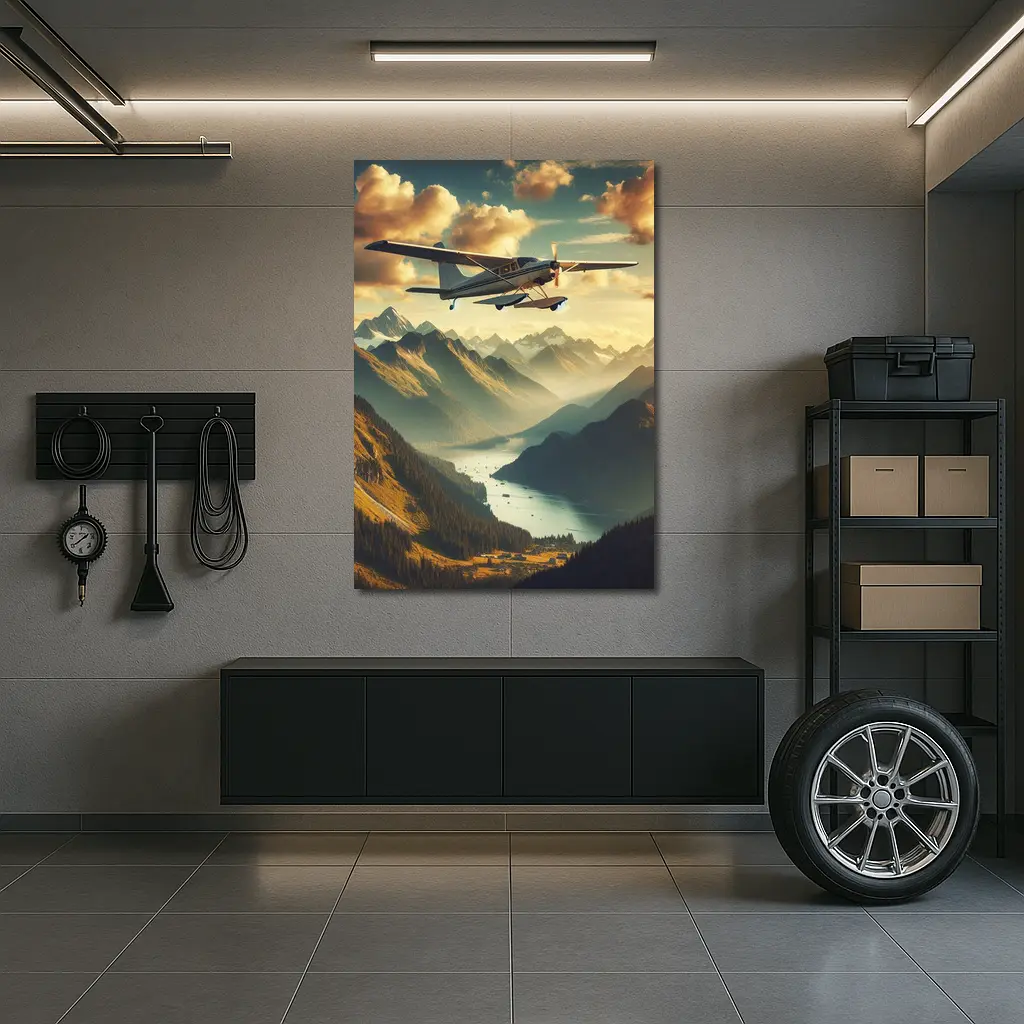 Small Propeller Plane Flying Over Mountain Valley – Wall Art
