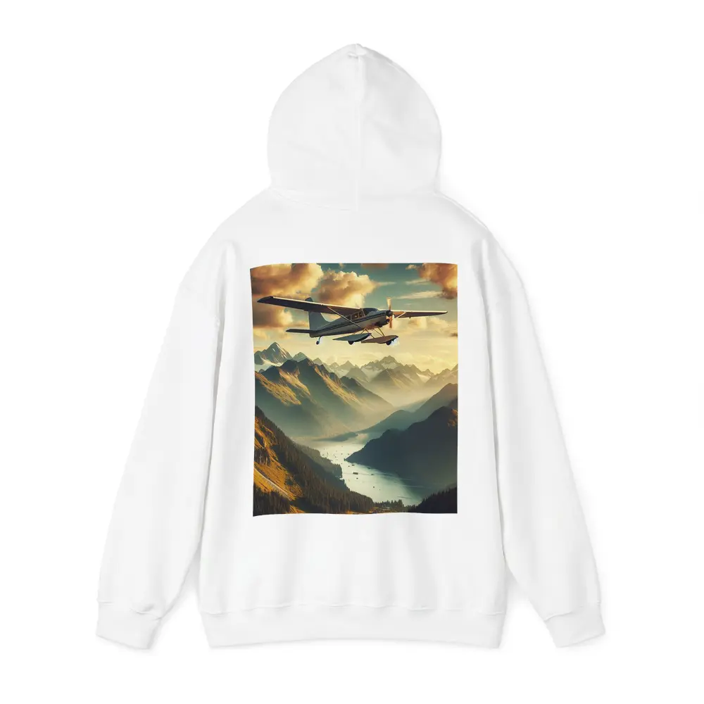 Small Propeller Plane Flying Over Mountain Valley – Hoodies