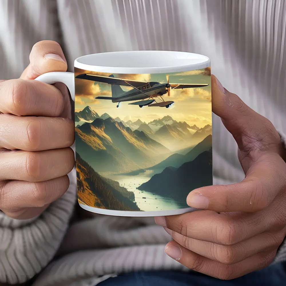 Small Propeller Plane Flying Over Mountain Valley – Mugs
