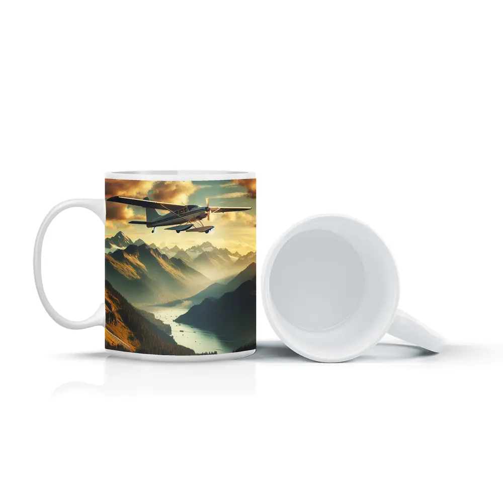 Small Propeller Plane Flying Over Mountain Valley – Mugs