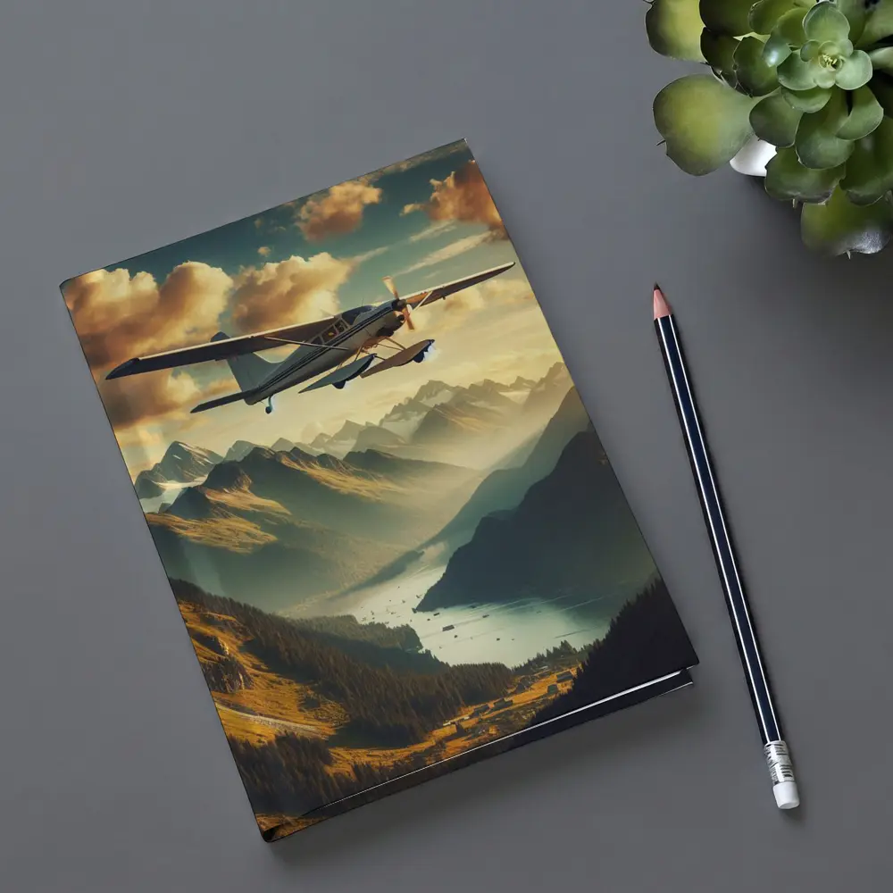 Small Propeller Plane Flying Over Mountain Valley – Notebooks