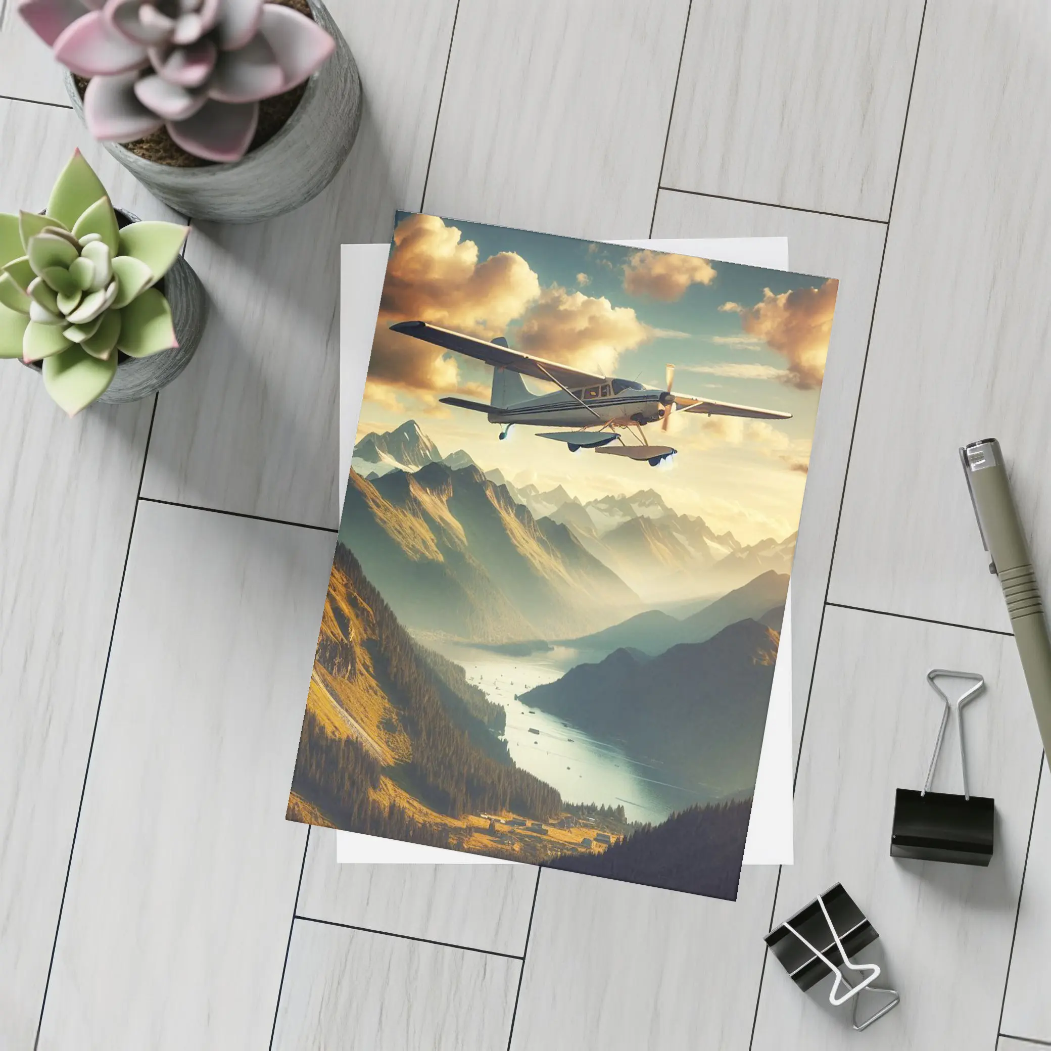 Small Propeller Plane Flying Over Mountain Valley – Postcards