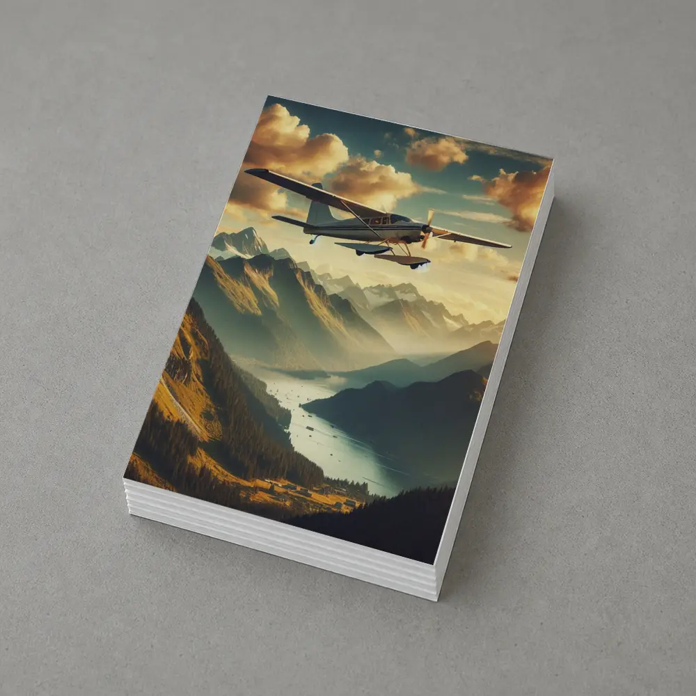 Small Propeller Plane Flying Over Mountain Valley – Postcards