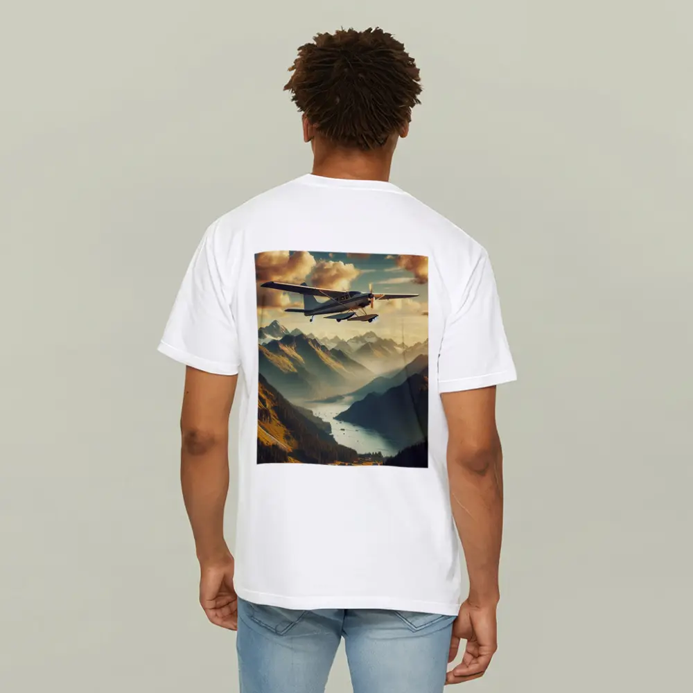 Small Propeller Plane Flying Over Mountain Valley – T-Shirts
