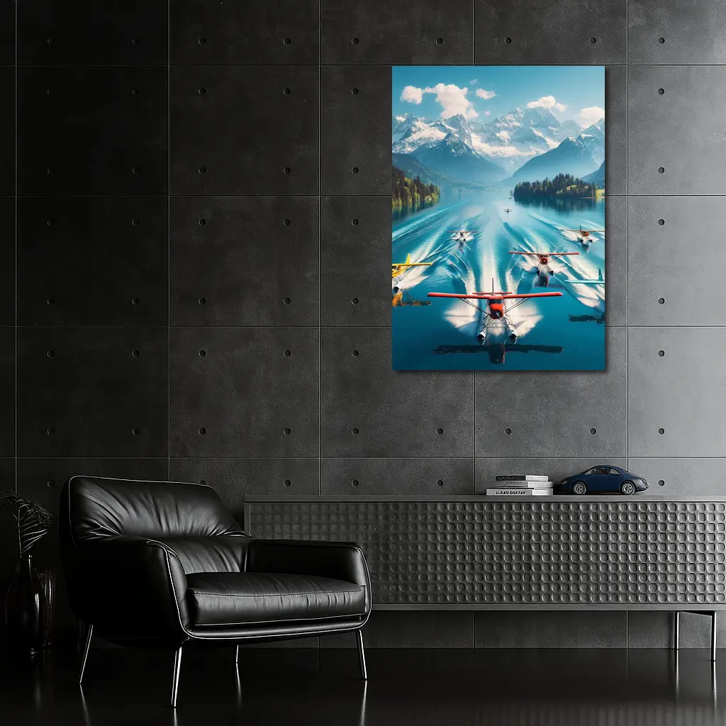 Seaplanes Taking Off Alpine Mountain Lake – Wall Art