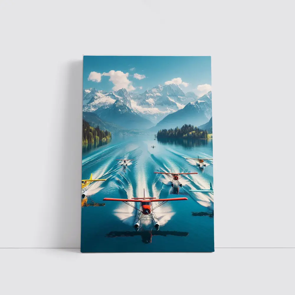 Seaplanes Taking Off Alpine Mountain Lake – Wall Art