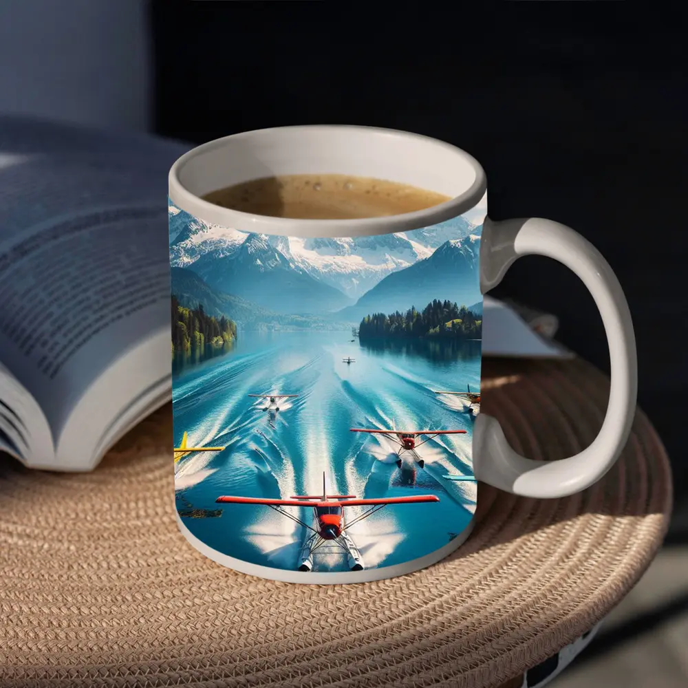 Seaplanes Taking Off Alpine Mountain Lake – Mugs