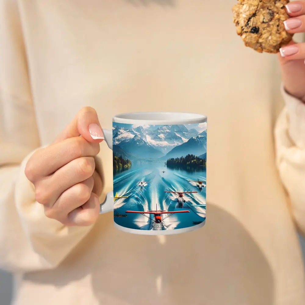 Seaplanes Taking Off Alpine Mountain Lake – Mugs
