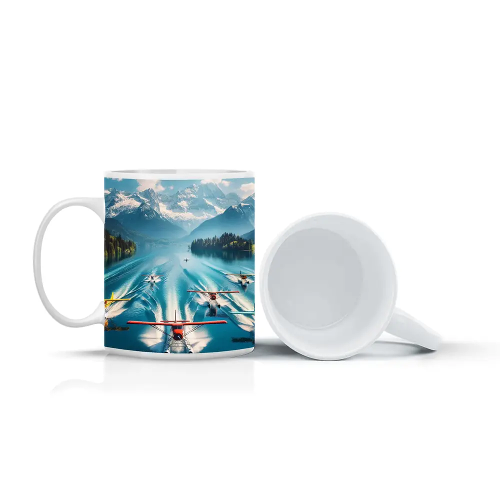 Seaplanes Taking Off Alpine Mountain Lake – Mugs